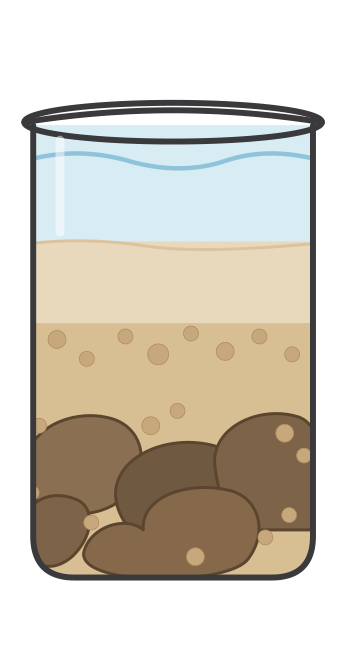 Ilustração de um copo com as pedras grandes primeiro, depois o cascalho, a areia e a água